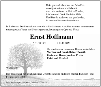 Traueranzeige von Ernst Hoffmann von Aller Zeitung