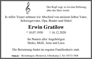 Traueranzeige von Erwin Gratilow von Aller Zeitung