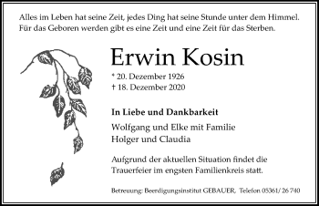 Traueranzeige von Erwin Kosin von Aller Zeitung