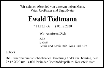 Traueranzeige von Ewald Tödtmann von Lübecker Nachrichten