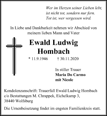 Traueranzeige von Ewald Ludwig Hombach von Aller Zeitung