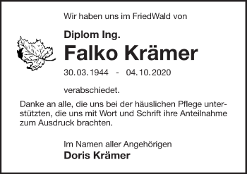 Traueranzeige von Falko Krämer von Märkischen Allgemeine Zeitung
