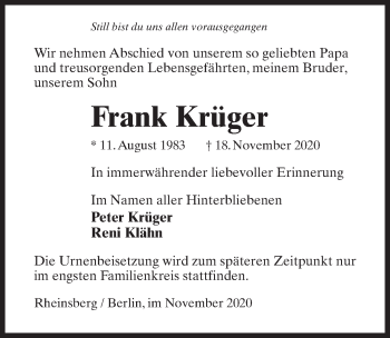 Traueranzeige von Frank Krüger von Märkischen Allgemeine Zeitung