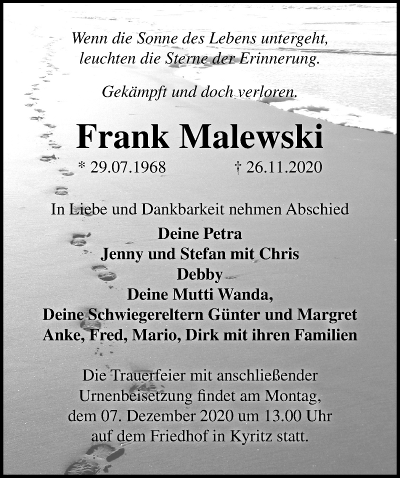  Traueranzeige für Frank Malewski vom 02.12.2020 aus Märkischen Allgemeine Zeitung