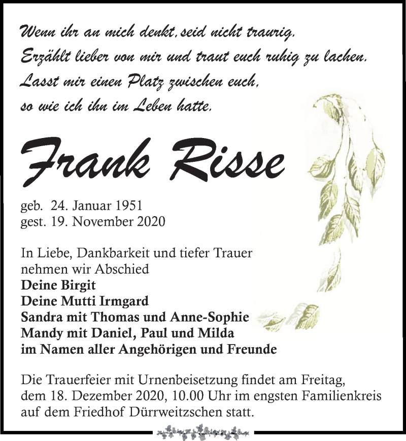  Traueranzeige für Frank Risse vom 05.12.2020 aus Leipziger Volkszeitung