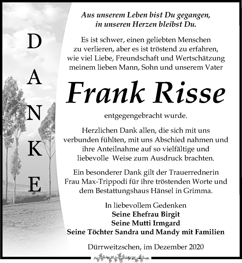  Traueranzeige für Frank Risse vom 19.12.2020 aus Leipziger Volkszeitung