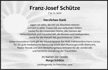Traueranzeige von Franz-Josef Schütze von Eichsfelder Tageblatt