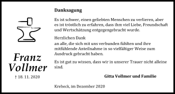Traueranzeige von Franz Vollmer von Göttinger Tageblatt