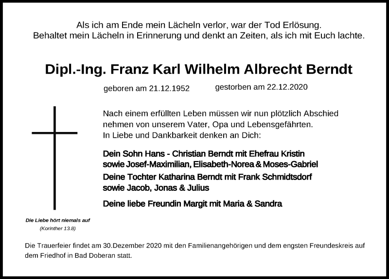  Traueranzeige für Franz Karl Wilhelm Albrecht Berndt vom 29.12.2020 aus Ostsee-Zeitung GmbH
