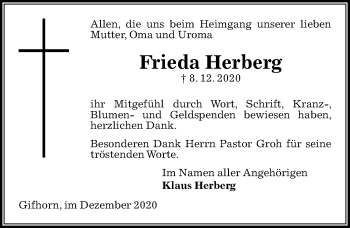 Traueranzeige von Frieda Herberg von Aller Zeitung