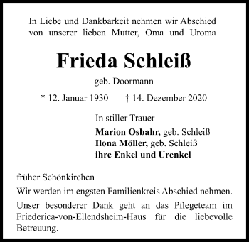 Traueranzeige von Frieda Schleiß von Kieler Nachrichten