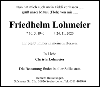 Traueranzeige von Friedhelm Lohmeier von Hannoversche Allgemeine Zeitung/Neue Presse