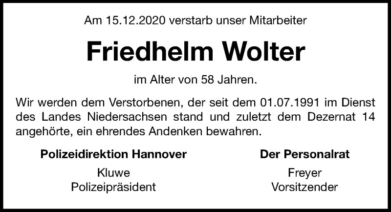  Traueranzeige für Friedhelm Wolter vom 23.12.2020 aus Hannoversche Allgemeine Zeitung/Neue Presse