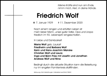 Traueranzeige von Friedrich Wolf von Aller Zeitung