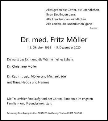 Traueranzeige von Fritz Möller von Aller Zeitung