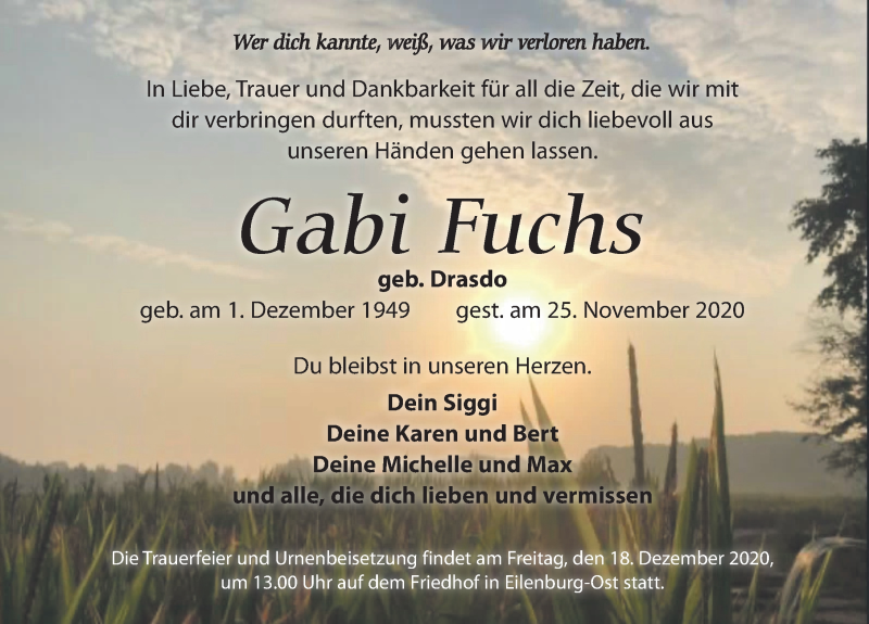  Traueranzeige für Gabi Fuchs vom 05.12.2020 aus Leipziger Volkszeitung