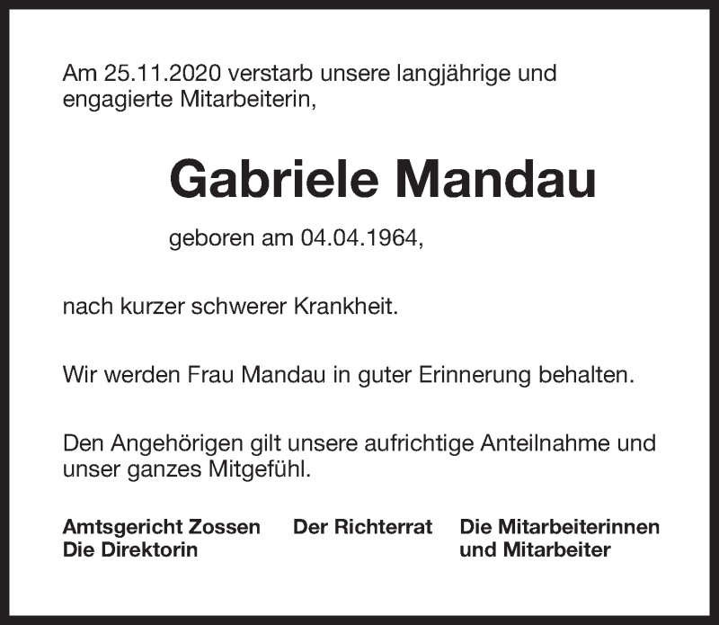  Traueranzeige für Gabriele Mandau vom 05.12.2020 aus Märkischen Allgemeine Zeitung