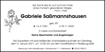 Traueranzeige von Gabriele Saßmannshausen von Aller Zeitung