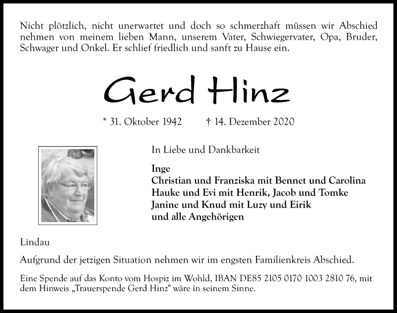  Traueranzeige für Gerd Hinz vom 19.12.2020 aus Kieler Nachrichten
