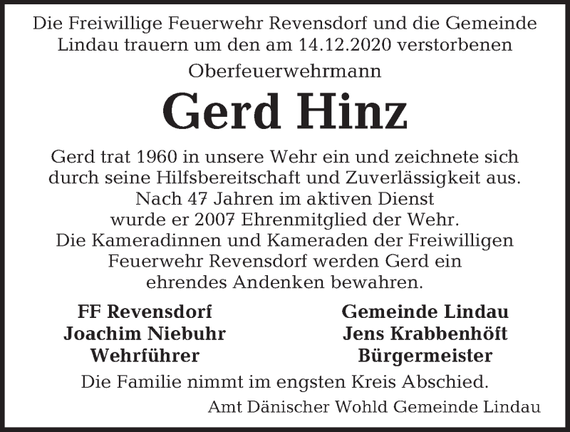  Traueranzeige für Gerd Hinz vom 19.12.2020 aus Kieler Nachrichten