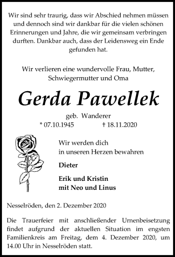 Traueranzeige von Gerda Pawellek von Eichsfelder Tageblatt
