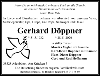 Traueranzeige von Gerhard Döppner von Aller Zeitung