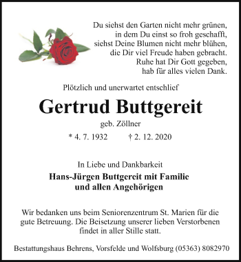 Traueranzeige von Gertrud Buttgereit von Aller Zeitung