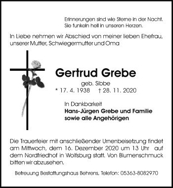 Traueranzeige von Gertrud Grebe von Aller Zeitung
