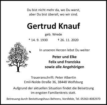 Traueranzeige von Gertrud Knauf von Aller Zeitung