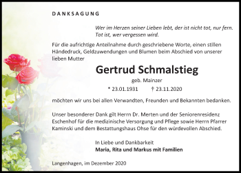 Traueranzeige von Gertrud Schmalstieg von Eichsfelder Tageblatt