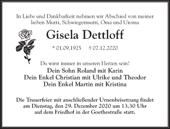 Traueranzeige von Gisela Dettloff von Märkischen Allgemeine Zeitung