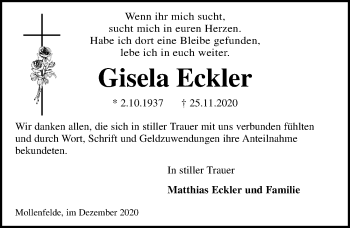 Traueranzeige von Gisela Eckler von Göttinger Tageblatt