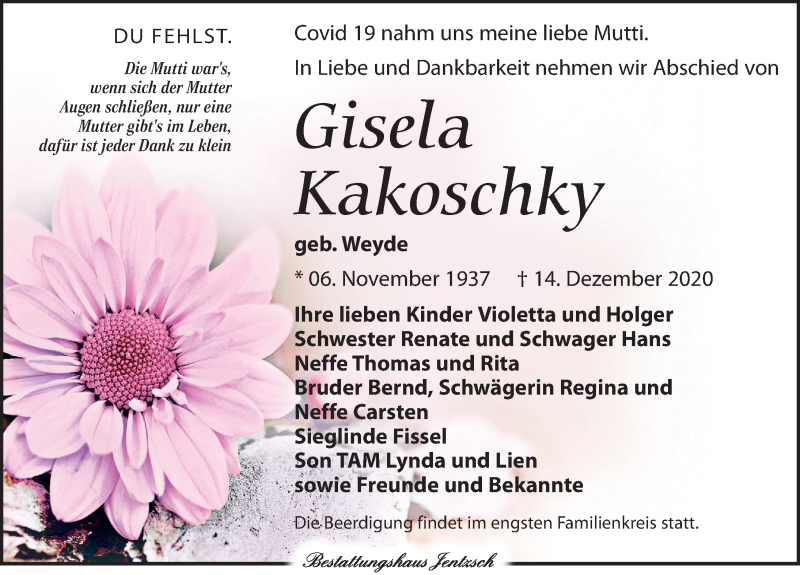  Traueranzeige für Gisela Kakoschky vom 19.12.2020 aus Leipziger Volkszeitung