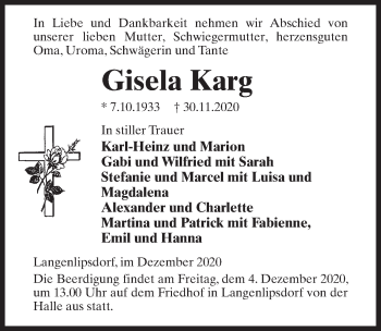 Traueranzeige von Gisela Karg von Märkischen Allgemeine Zeitung