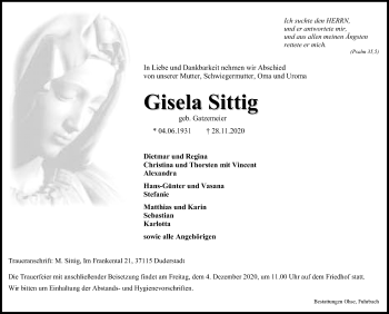 Traueranzeige von Gisela Sittig von Eichsfelder Tageblatt