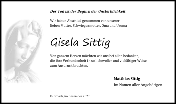 Traueranzeige von Gisela Sittig von Eichsfelder Tageblatt
