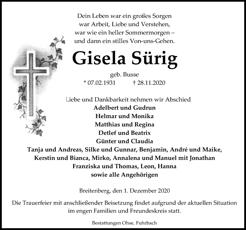  Traueranzeige für Gisela Sürig vom 01.12.2020 aus Eichsfelder Tageblatt