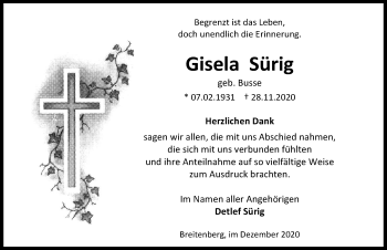 Traueranzeige von Gisela Sürig von Eichsfelder Tageblatt
