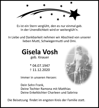 Traueranzeige von Gisela Vosh von Ostsee-Zeitung GmbH