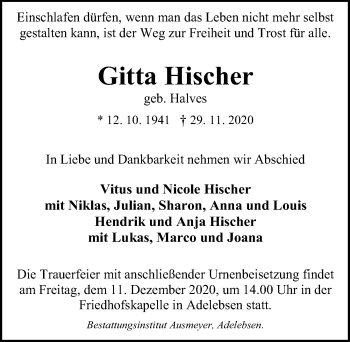 Traueranzeige von Gitta Hischer von Göttinger Tageblatt