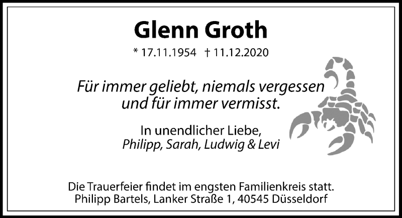  Traueranzeige für Glenn Groth vom 24.12.2020 aus Hannoversche Allgemeine Zeitung/Neue Presse