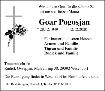 Traueranzeige von Goar Pogosjan von Aller Zeitung