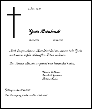 Traueranzeige von Greta Reinhardt von Göttinger Tageblatt