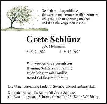 Traueranzeige von Grete Schlünz von Aller Zeitung