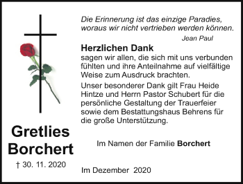 Traueranzeige von Gretlies Borchert von Aller Zeitung