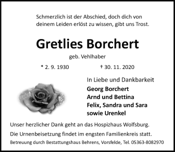 Traueranzeige von Gretlies Borchert von Aller Zeitung