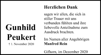 Traueranzeige von Gunhild Peukert von Aller Zeitung