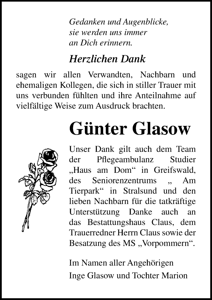  Traueranzeige für Günter Glasow vom 19.12.2020 aus Ostsee-Zeitung GmbH