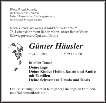 Traueranzeige von Günter Häusler von Märkischen Allgemeine Zeitung