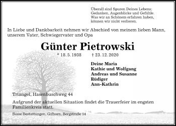 Traueranzeige von Günter Pietrowski von Aller Zeitung